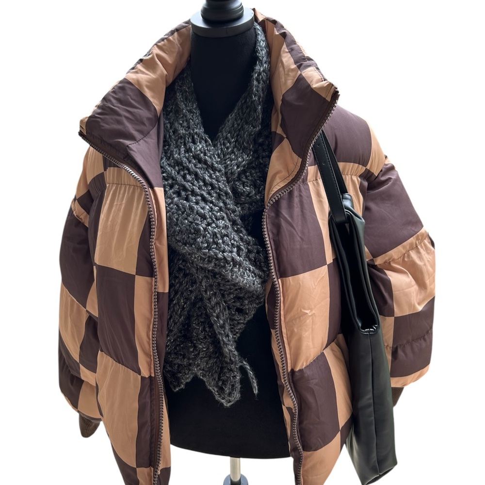 Edikted Brown and Tan Checkered Puffer Jacket